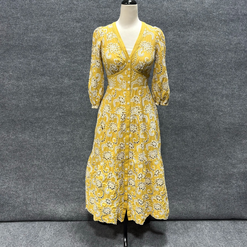Shoshanna Dress Womens 0 Yellow Floral Embroidered Lace Button Front Midi Eyelet
